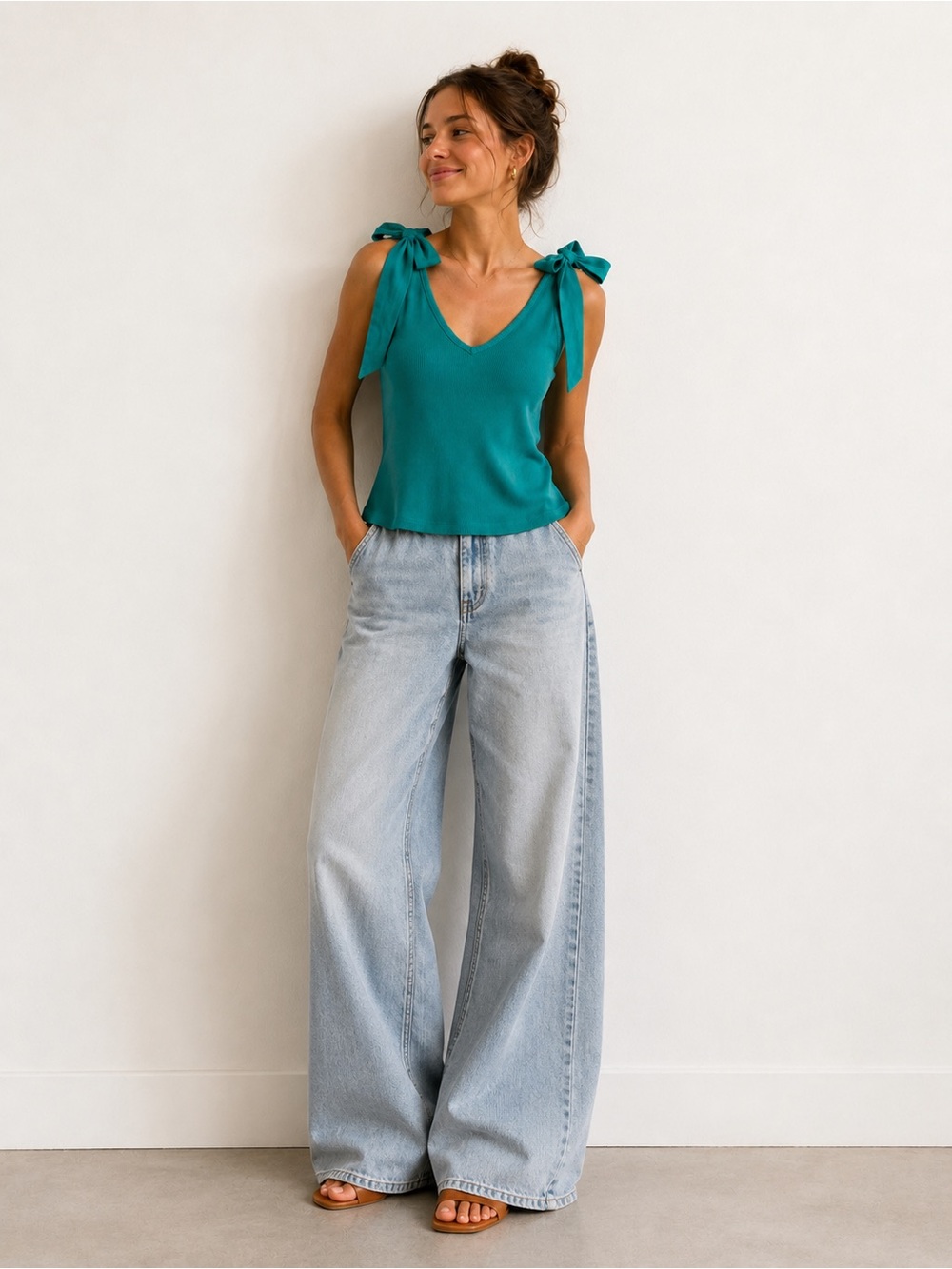 Maeve by Anthropologie Ribbed Bow Strap Tank Top XS Teal Cotton Stretch
